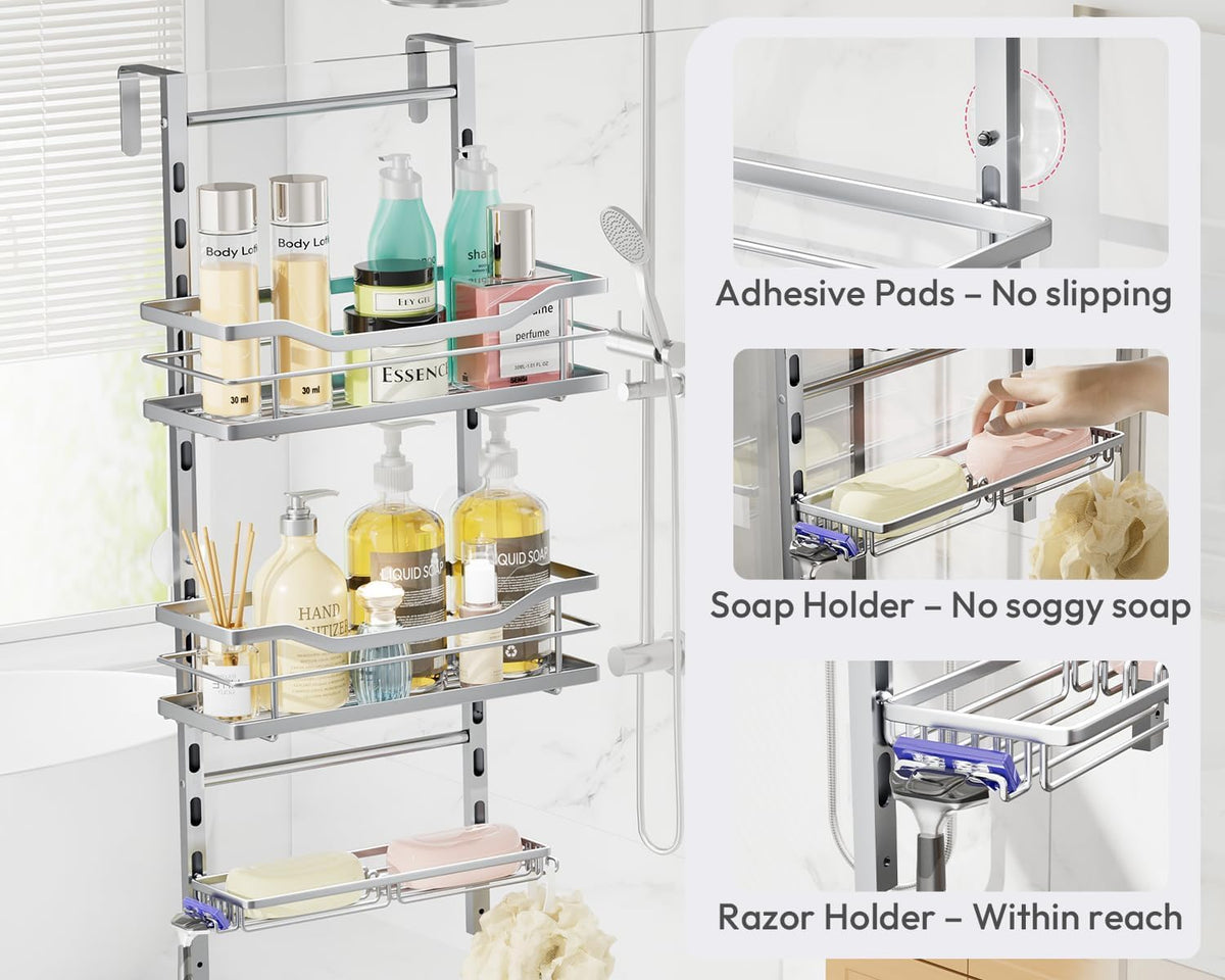 SWTYMIKI Over the Door Shower Caddy - 3 Tier Adjustable Shower Organizer Hanging with Soap Holder, No Drilling Stainless Steel Bathroom Rack Hanging for Body Wash, Shampoo, Soap, Razor, Silver