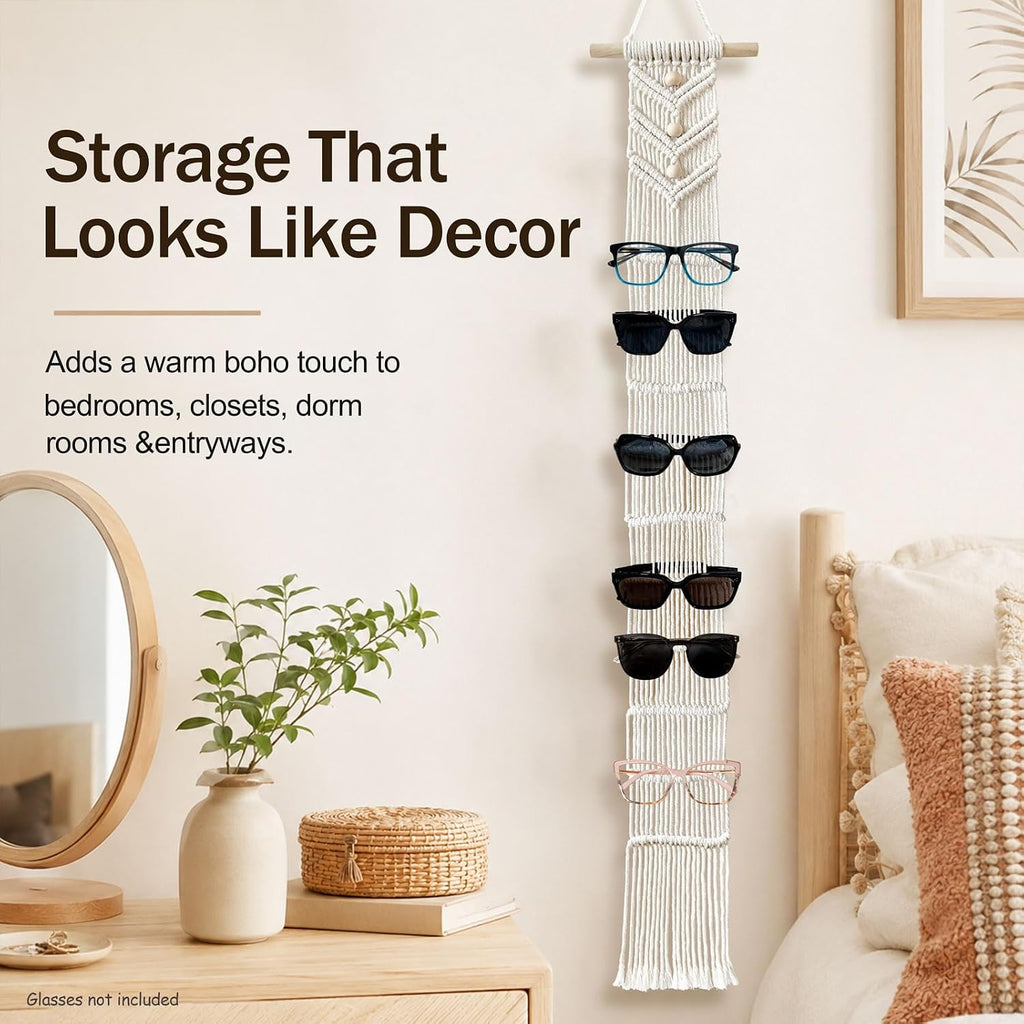 Macrame Sunglasses Holder for Wall, Boho Eyeglasses Organizer Holds Up to 10 Pairs, Handwoven Cotton Rope Glasses Display Rack with Wood Rod, Space-Saving Sunglass Storage for Bedroom Closet Entryway