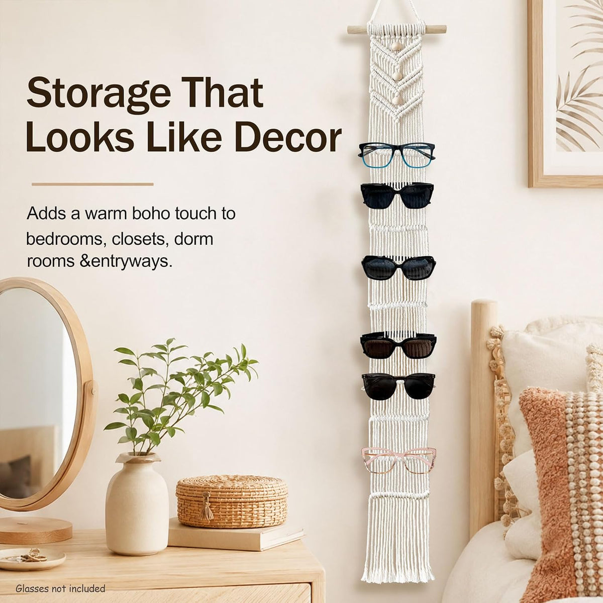 Macrame Sunglasses Holder for Wall, Boho Eyeglasses Organizer Holds Up to 10 Pairs, Handwoven Cotton Rope Glasses Display Rack with Wood Rod, Space-Saving Sunglass Storage for Bedroom Closet Entryway