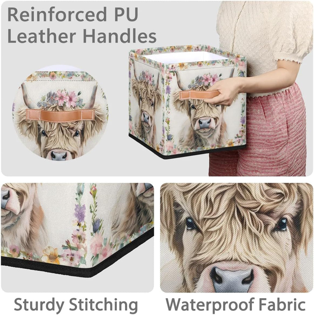11 Inch Fabric Storage Cube with Handles, Highland Cow Collapsible Storage Basket for Shelves, Square Storage Bin Canvas Closet Organizer for Decor