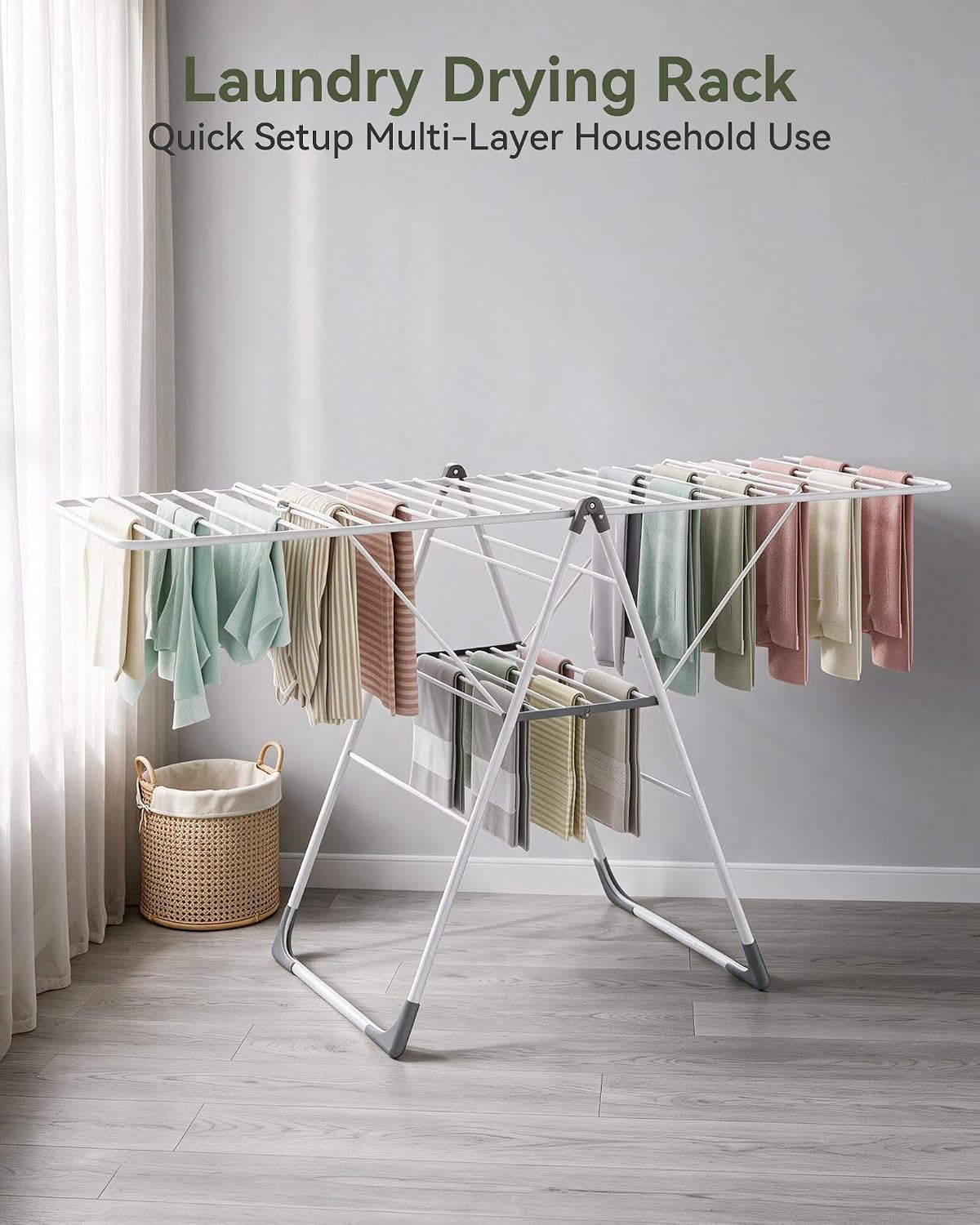 APEXCHASER Foldable Gullwing Clothes Drying Rack, 2‑Tier 28‑Rod Laundry Dryer Rack