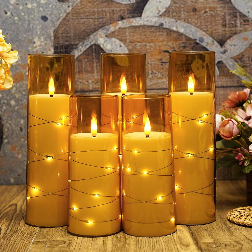 Eebuss Flameless Candles with Embedded Star String, Battery Operated LED Pillar Candles with Timer and Remote Control,Home Decorating for Ambiance， Set of 7 (Gold)