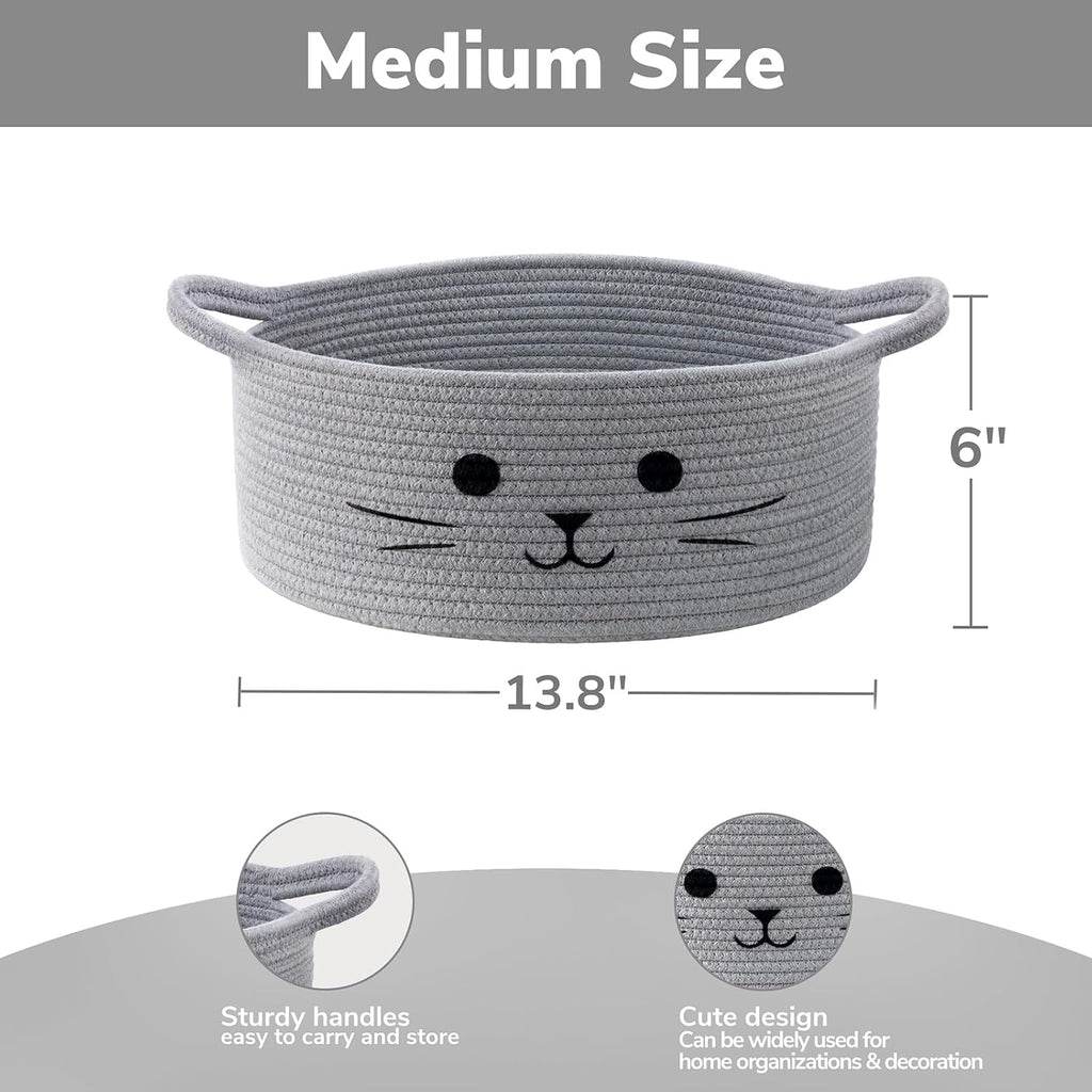 Medium Woven Rope Cat Toy Basket with Cat Face, Grey