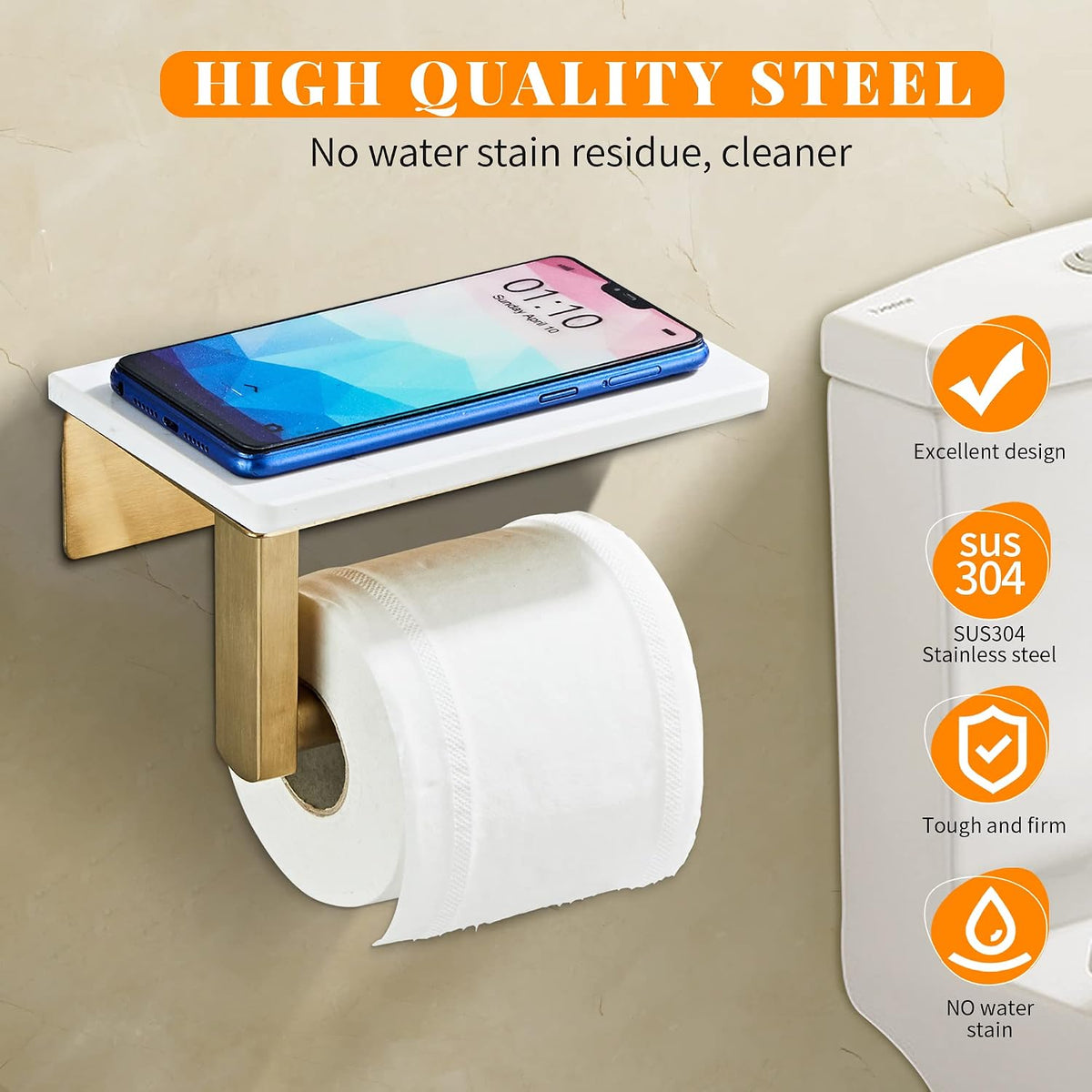 Brushed Gold Toilet Paper Holder with Marble-Look Shelf, Wall Mounted SUS304 Stainless Steel Toilet Roll Holder with Phone Storage