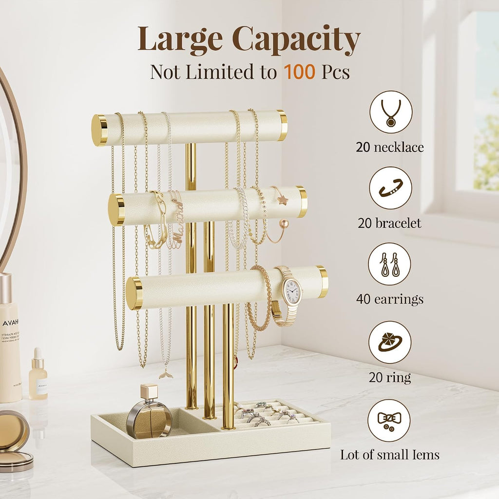 bussdis 3 Tier Bracelet Holder Display - Beige Leather Bracelet Holder, Detachable T Bar Jewelry Holder Organizer for Bracelet, Necklace, Earrings, Rings, Watches, Bangle