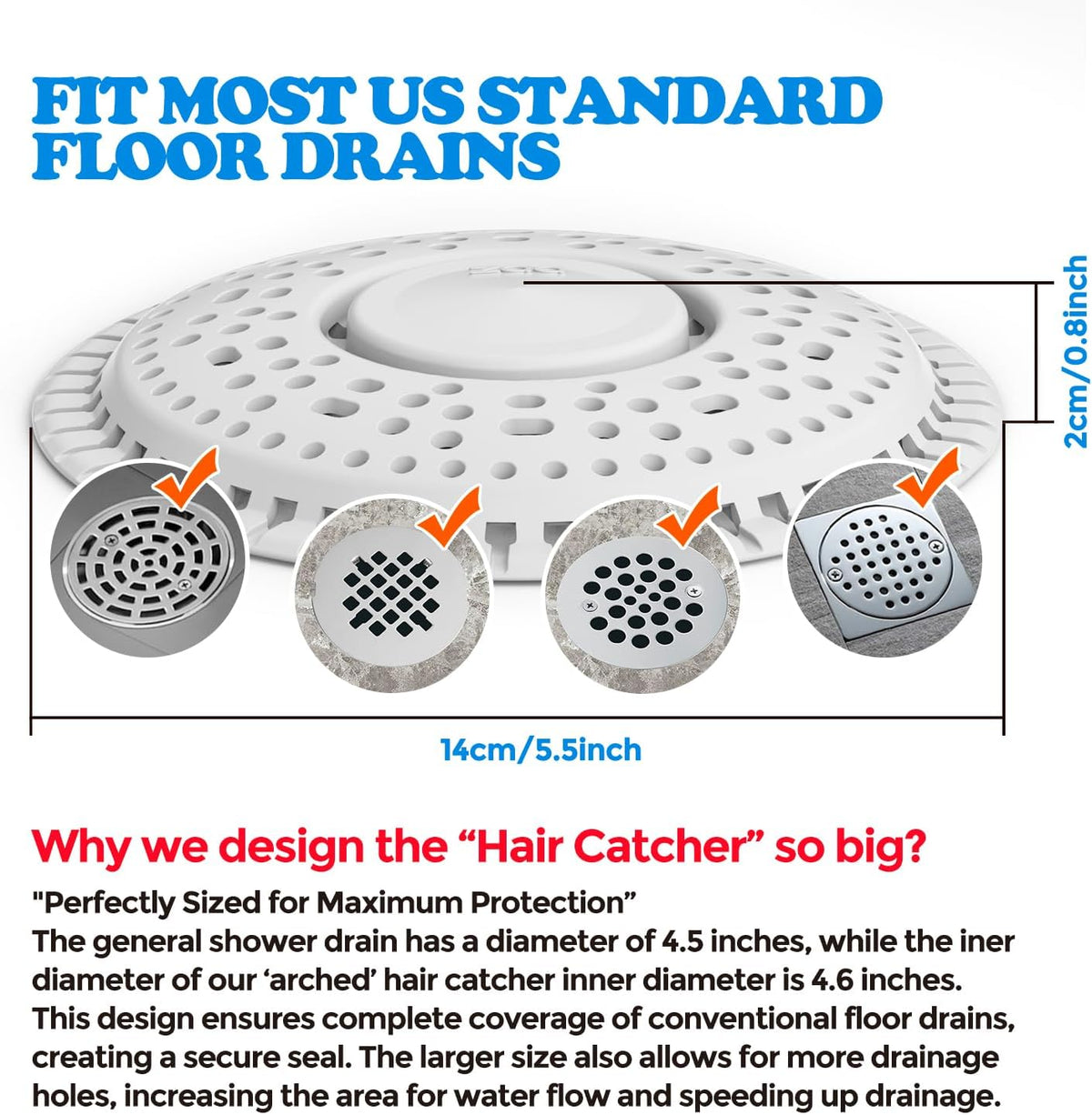 Shower Drain Hair Catcher 5.5" Silicone Drain Cover for Flat Floor Drains