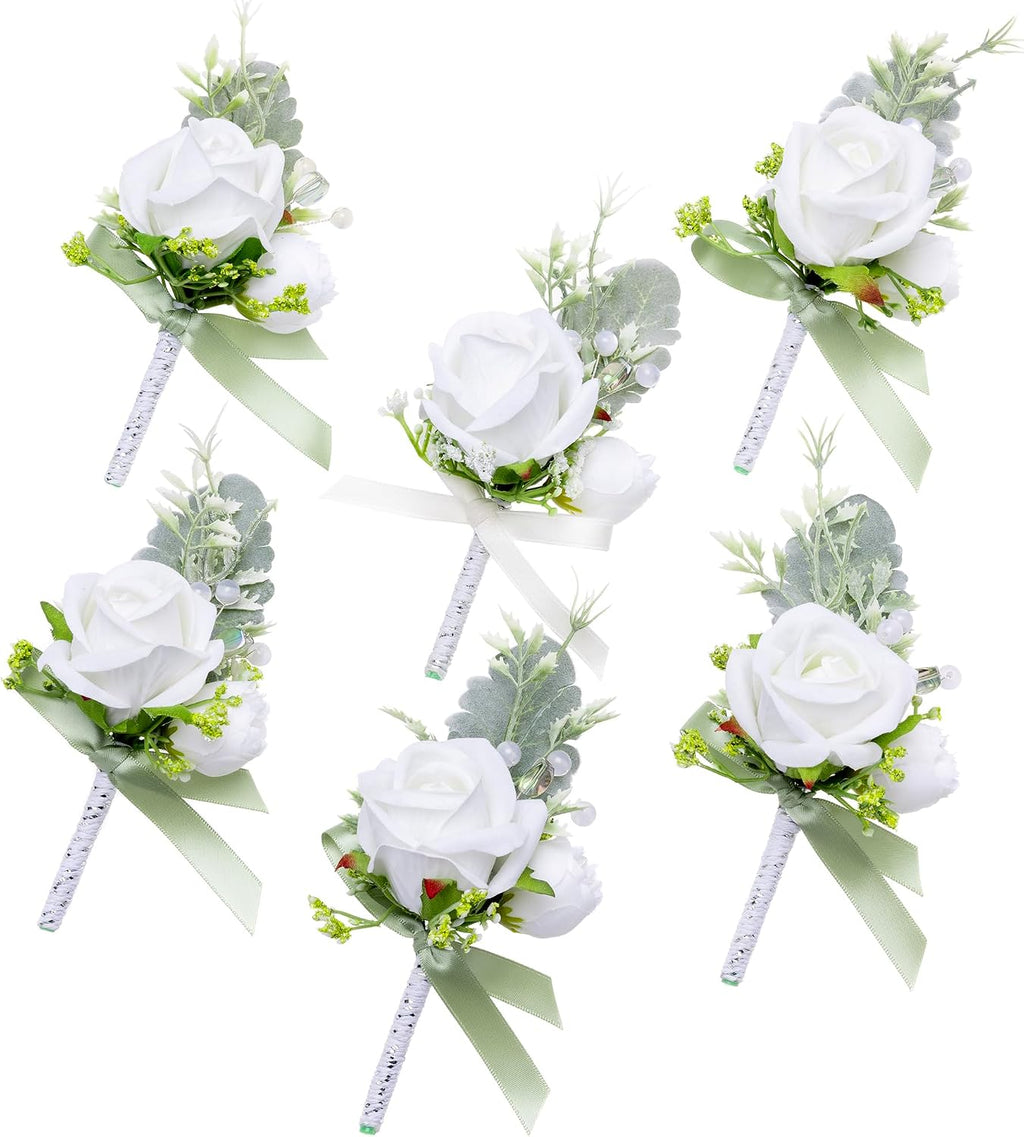 Fnize White Boutonniere for Men Set of 6 Groom Groomsmen Wedding Flower