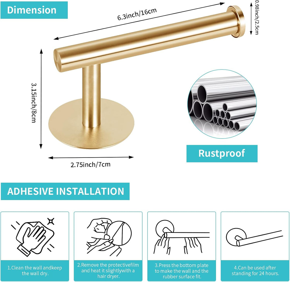 Yagoo Adhesive Toilet Paper Holder, Rustproof Toilet Roll Holder(1, Gold)