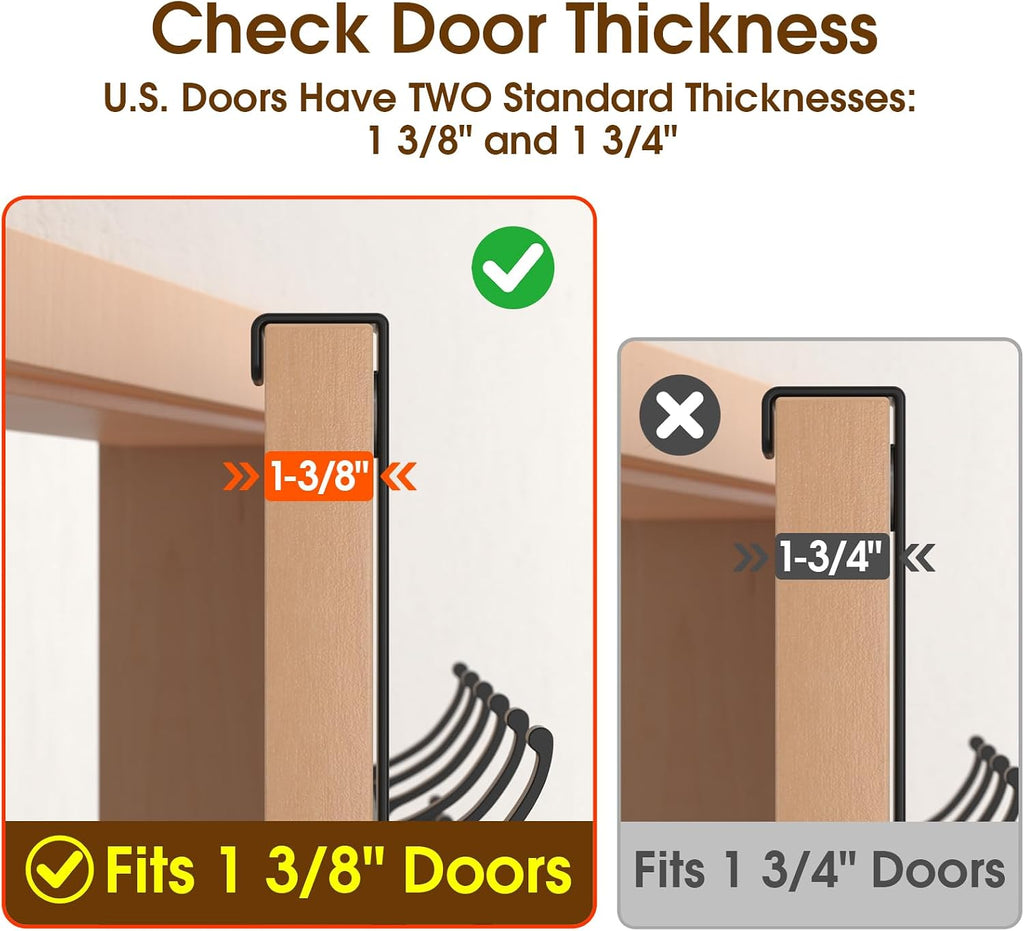 Heavy Duty Over The Door Hooks, Door Hanger with Reinforced 2.8mm Baseplate, 9mm Wide Hook, for Coats Towels Robes Bags, 12 Hooks, Fits 1-3/8" Doors, Bedroom Bathroom Storage, Matte Black