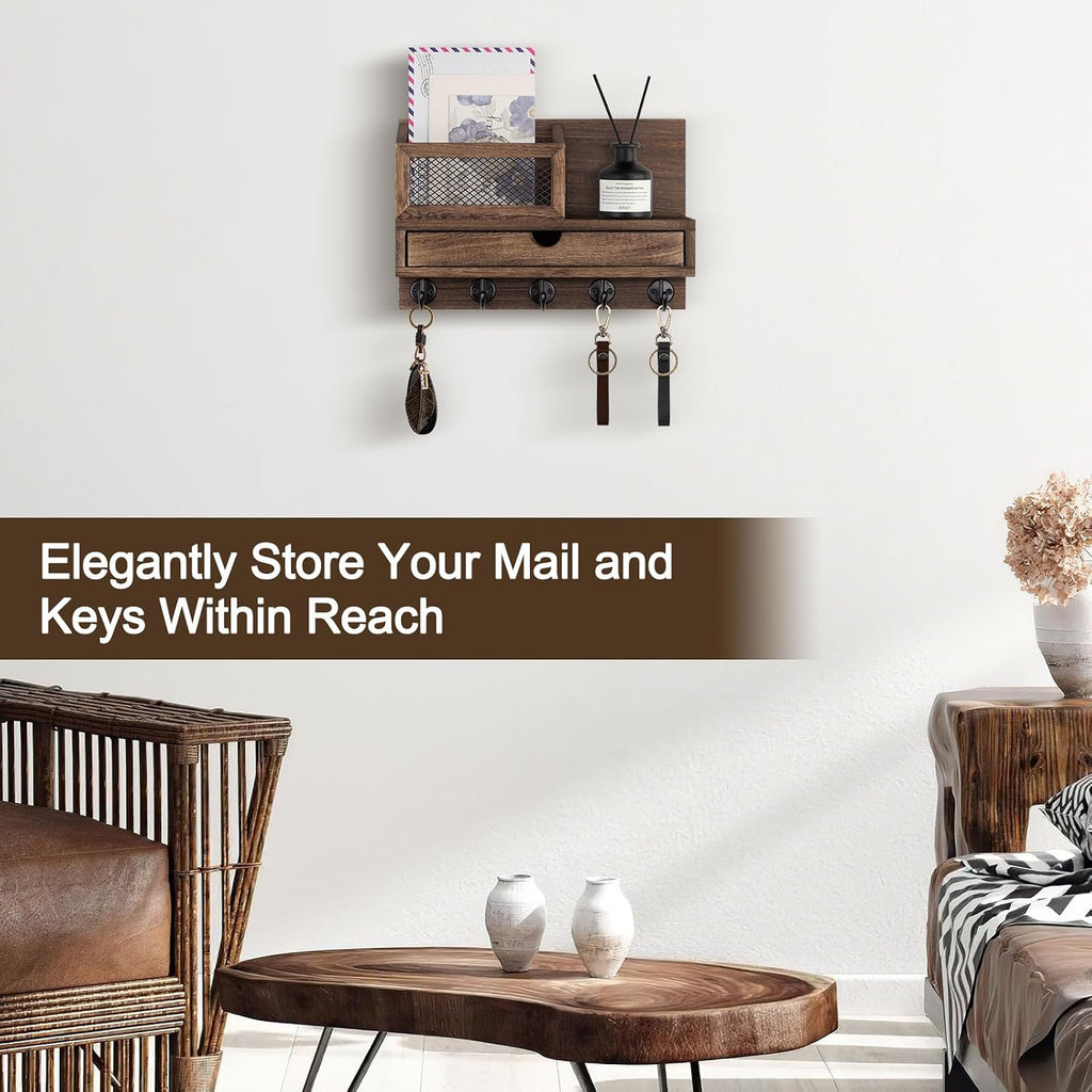 Key Holder for Wall with 5 Key Hooks and Storage Drawer