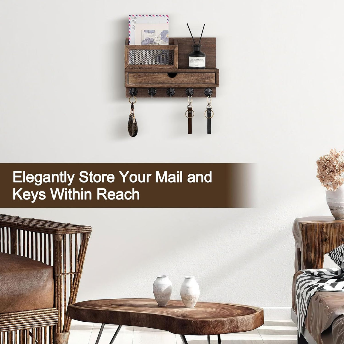 Key Holder for Wall with 5 Key Hooks and Storage Drawer