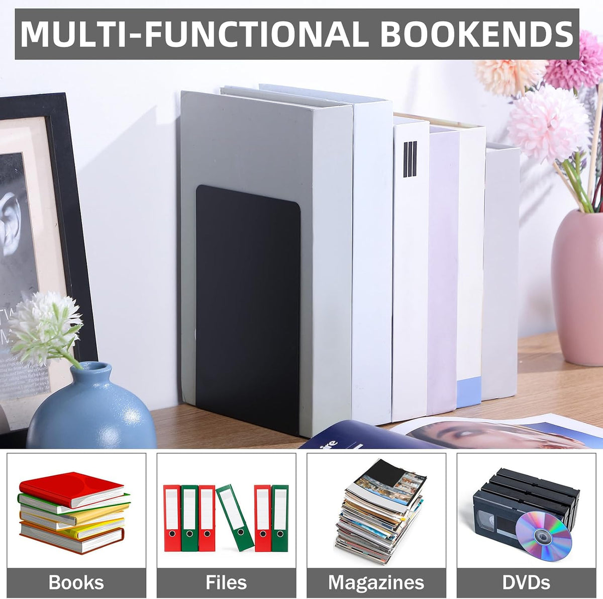 Beeveer 6 Pairs Metal Bookends for Shelves Office Library, Black