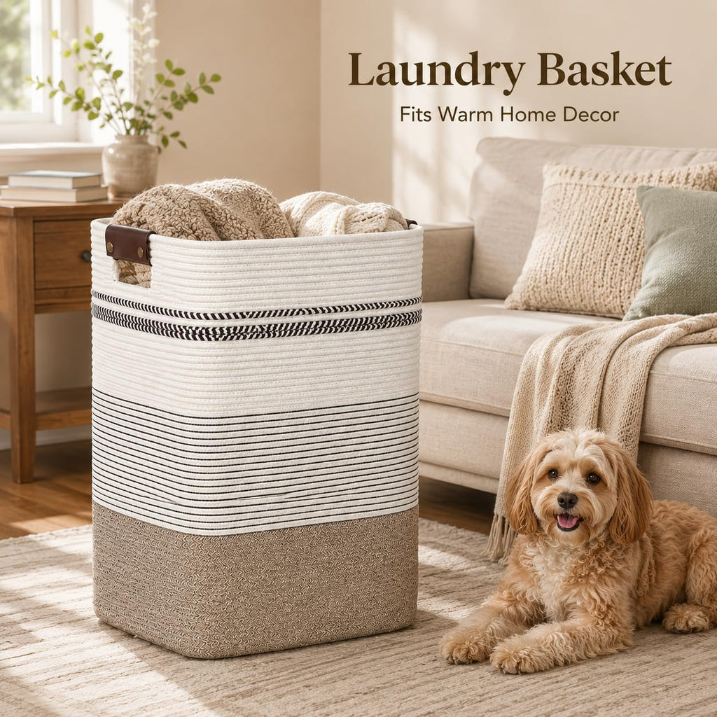Laundry Hamper, Cotton Rope Laundry Basket with Leather Handles, 22.5-Gallon/85 L Large Clothes Hampers for Laundry, Woven Laundry Baskets for Blankets, Clothing, Bedroom, Living Room, Nursery