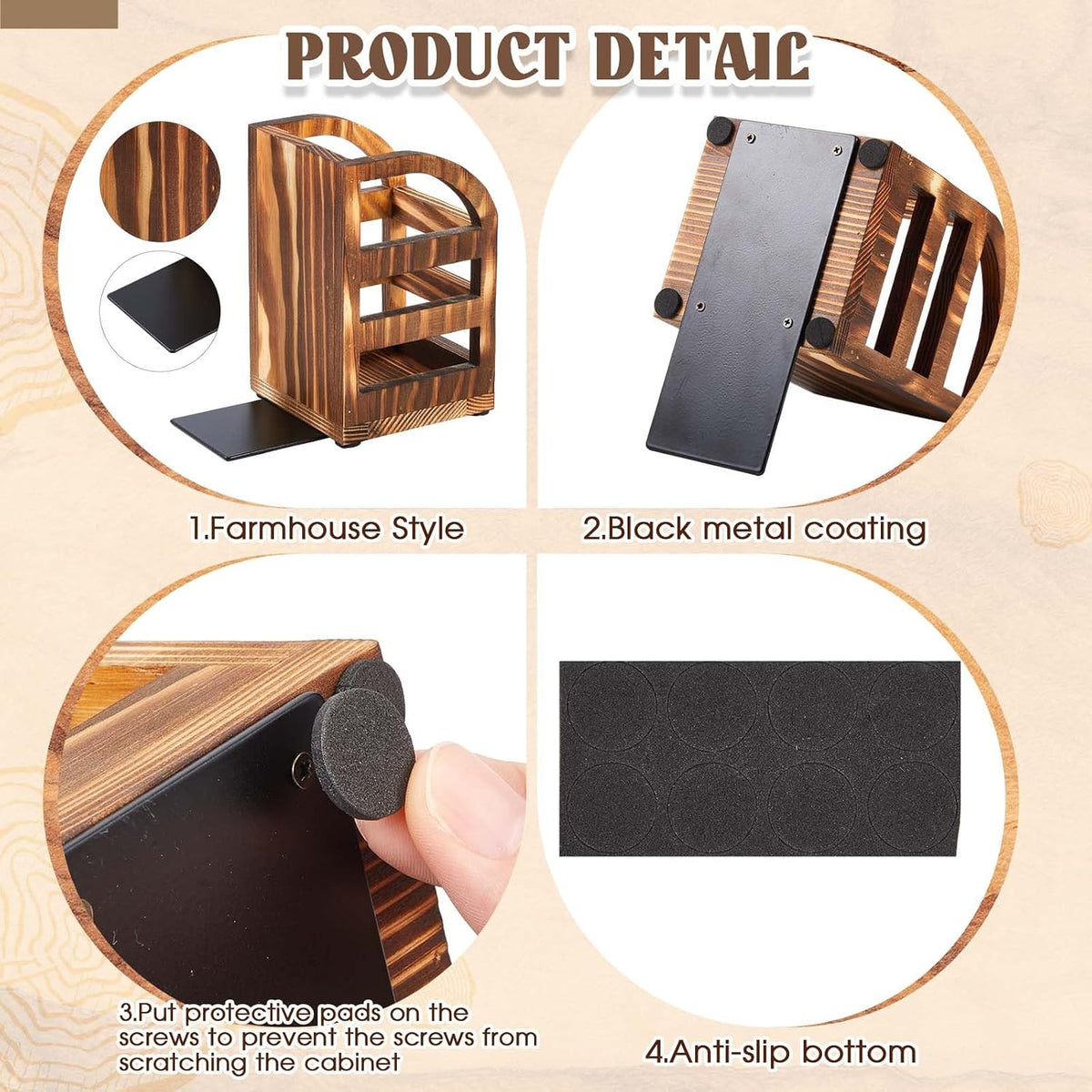 1 Pair 2 in 1 Rustic Burnt Wooden Bookend with Coated Metal Desk Supply Holds Non Skid Desktop Book Ends Pen Holder Pencil Cup Stationery Storage Bins Book Stopper for Home Office Dorm Room