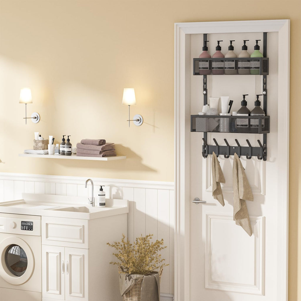 LUCYCAZ Over The Door Hooks Organizer,Door Hanger with 10 Hooks & 2 Basket