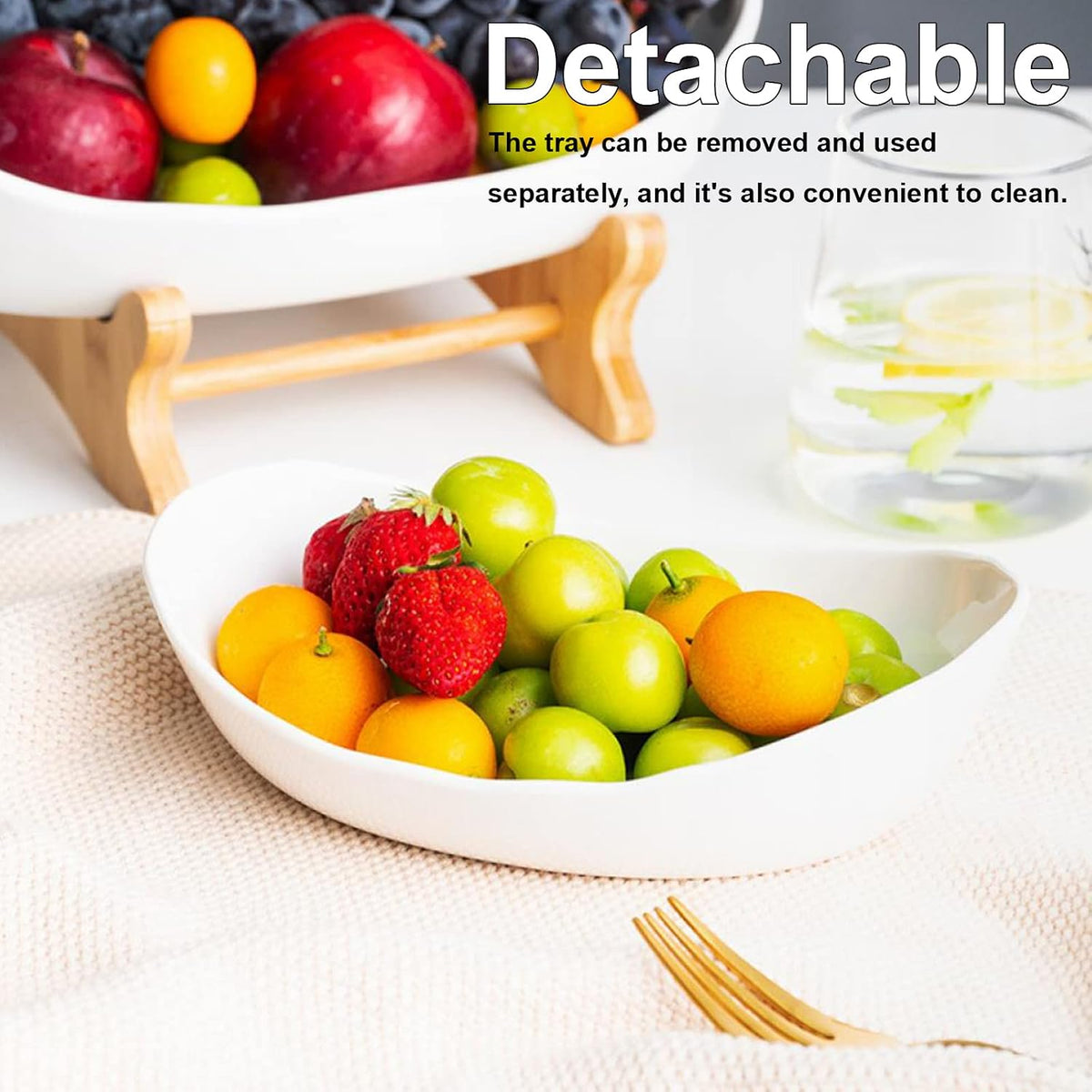 jessie 3 Tier Fruit Bowl Ceramic with Wooden Stand Fruit Bowl for Kitchen Counter for Storage Vegetable Fruit Cup Cake Dessert, White