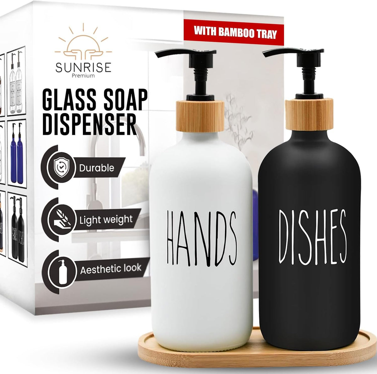Sunrise Premium White & Black Glass Soap Dispenser-Bamboo Pump & Tray, 2 Pc