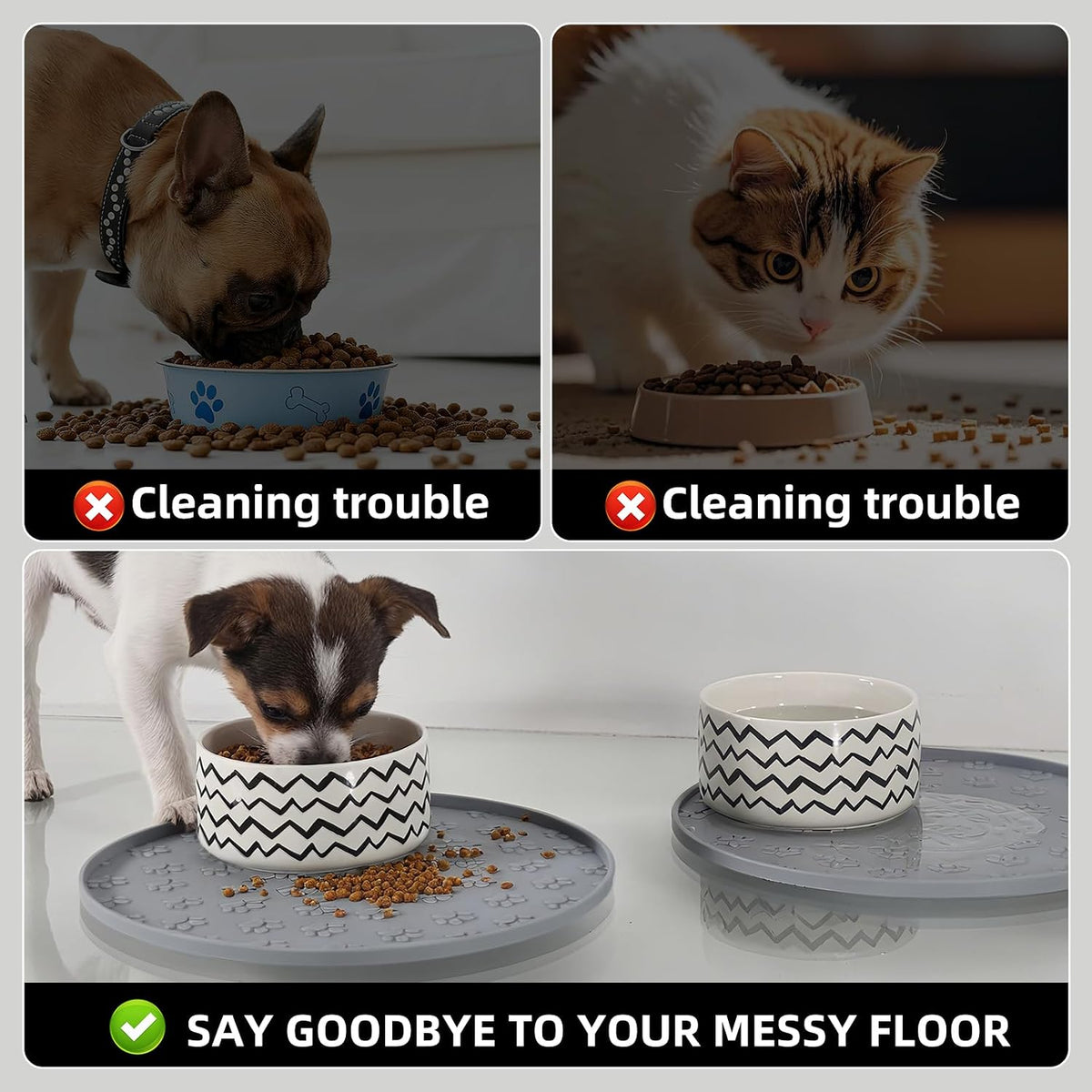 Comtim Waterproof Dog Food Mat - 2 Pack Silicone Pet Food Mat Dog Food Bowl Mats Cat Water Mats Eating Tray, Non-Slip Pet Placemat with Lip for Messy Drinkers to Protect Floor,Light Grey 11"