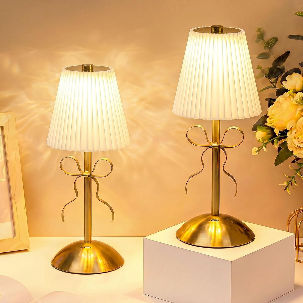 Liliful 2 Pcs Cordless Table Lamp LED Touch, Gold, Beige Cloth Style Bow