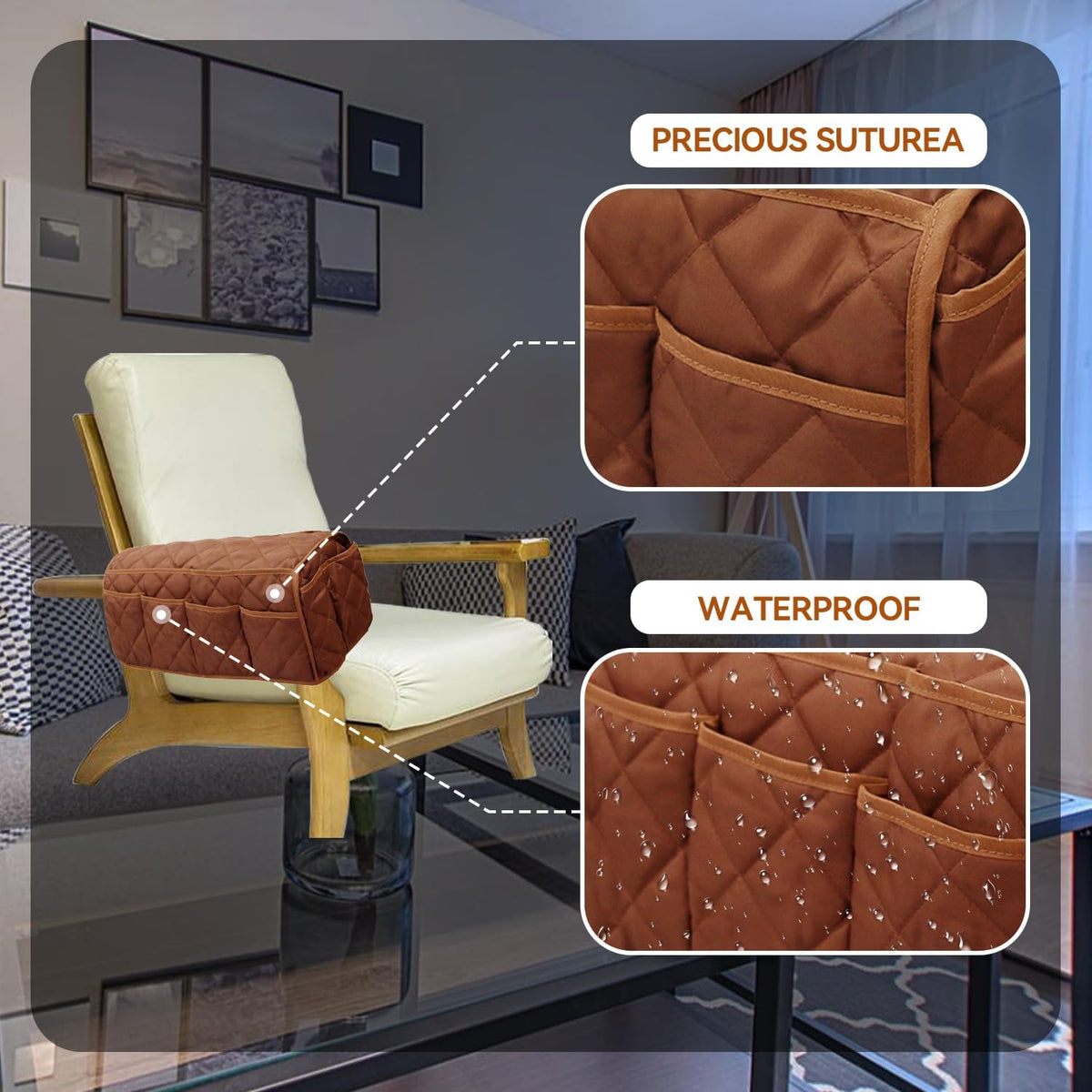 MEHIDFY Armchair Caddy, Waterproof Sofa Armrest Organizer, Non Slip Recliner Organizer, Remote Holder for Recline, Recliner Caddy with 14 Pockets Storage for TV Remote, Phone, Magazine(brownish+grey)