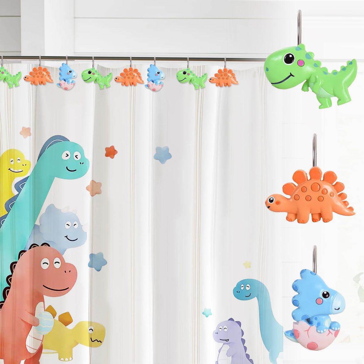 12-Piece Dinosaur Shower Curtain Hooks for Bathroom