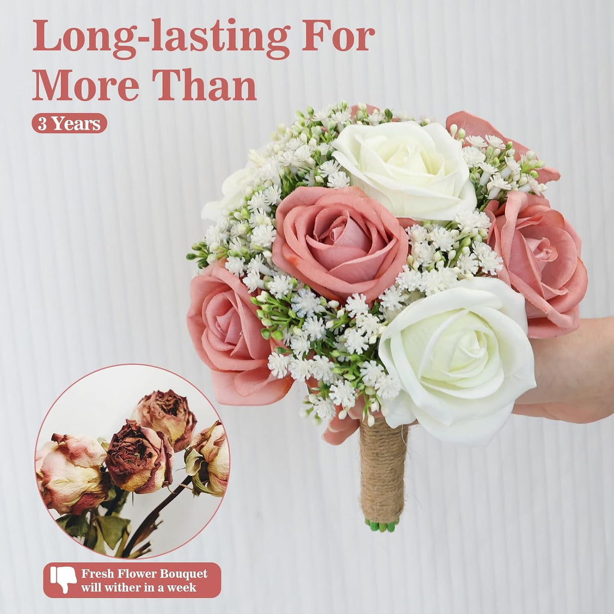 Artificial Bridesmaid Bouquets Set of 4 for Wedding-7 inch Pink Flowers Bouquets for Bridesmaids, Faux Rose Gypsophila Rustic Small Floral Bouquet Fake Boho Wedding Party Ceremony Anniversary Decor
