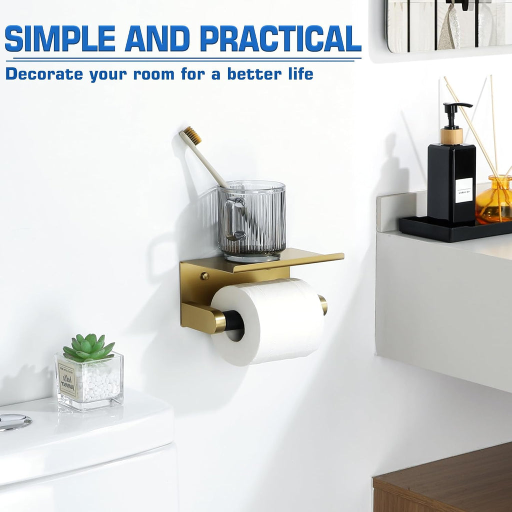 Alise Toilet Paper Holder with Shelf Wall Mount Adhesive or Screw in,Gold