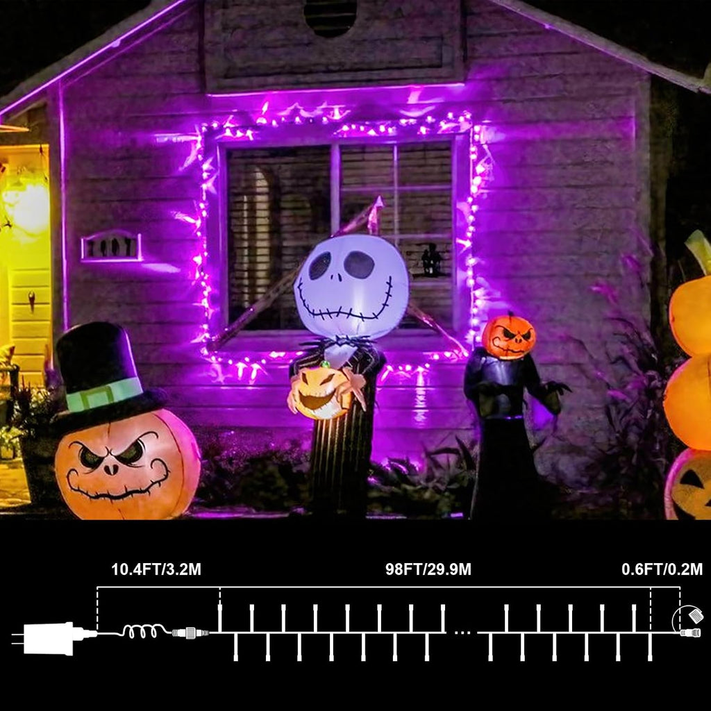 LAMPHOME Halloween Lights, 99ft 300LED Light Purple String Lights, Clear Wire 16 Modes LED Waterproof Indoor Outdoor Purple Christmas Lights Plug in, Halloween Bedroom Garden Party Decor