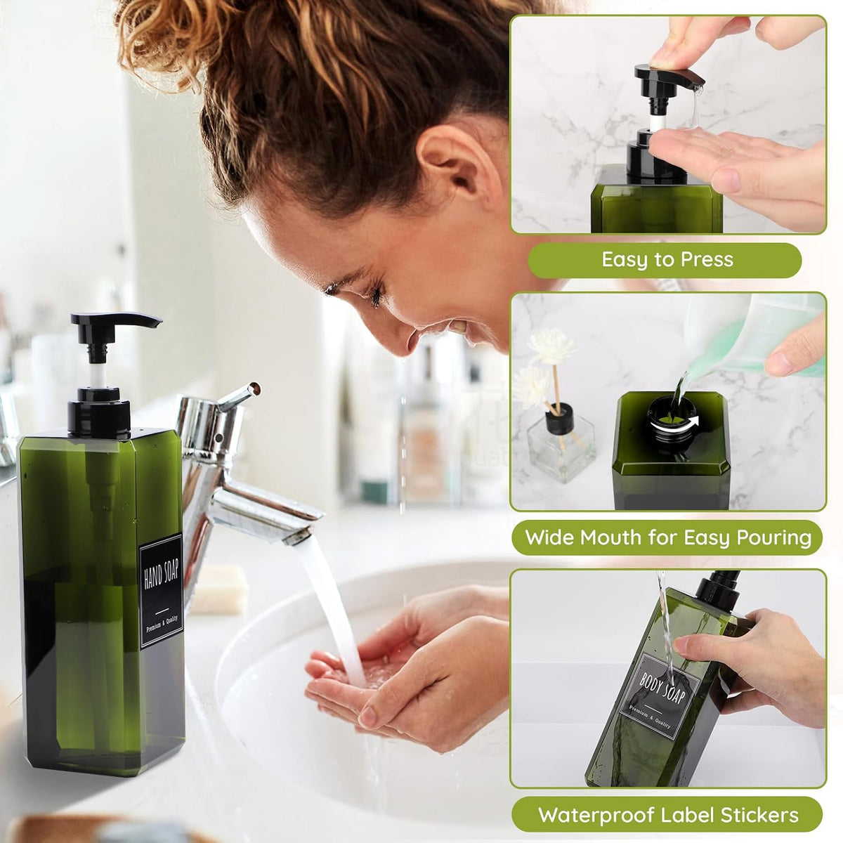 Segbeauty 33.8oz Square Shampoo and Conditioner Dispenser, 3pcs Large Capacity Plastic Soap Dispenser Bathroom, Green 1000ml Empty Lotion Pump Bottle Soap Hand Wash Bottles with Waterproof Labels