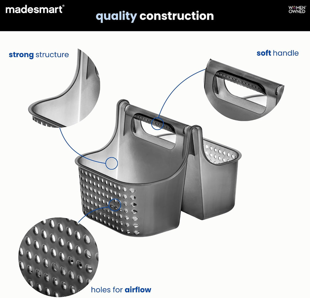 madesmart Shower Tote with Soft Grip Handle, Carbon