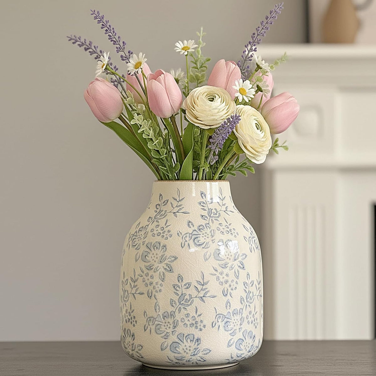 Blue and White Chinoiserie Ceramic Vase Vintage Flower Vase, 7.9in