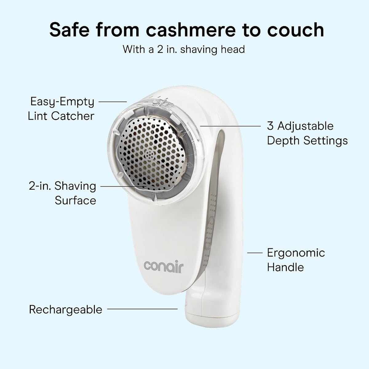Conair Fabric Shaver & Lint Remover for Every Fabric, Rechargeable, 2" Head