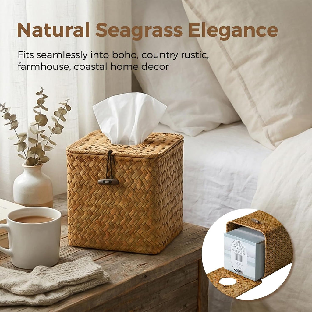 Seagrass Tissue Box Cover Square, Woven Wicker Tissue Box Holder, Orange