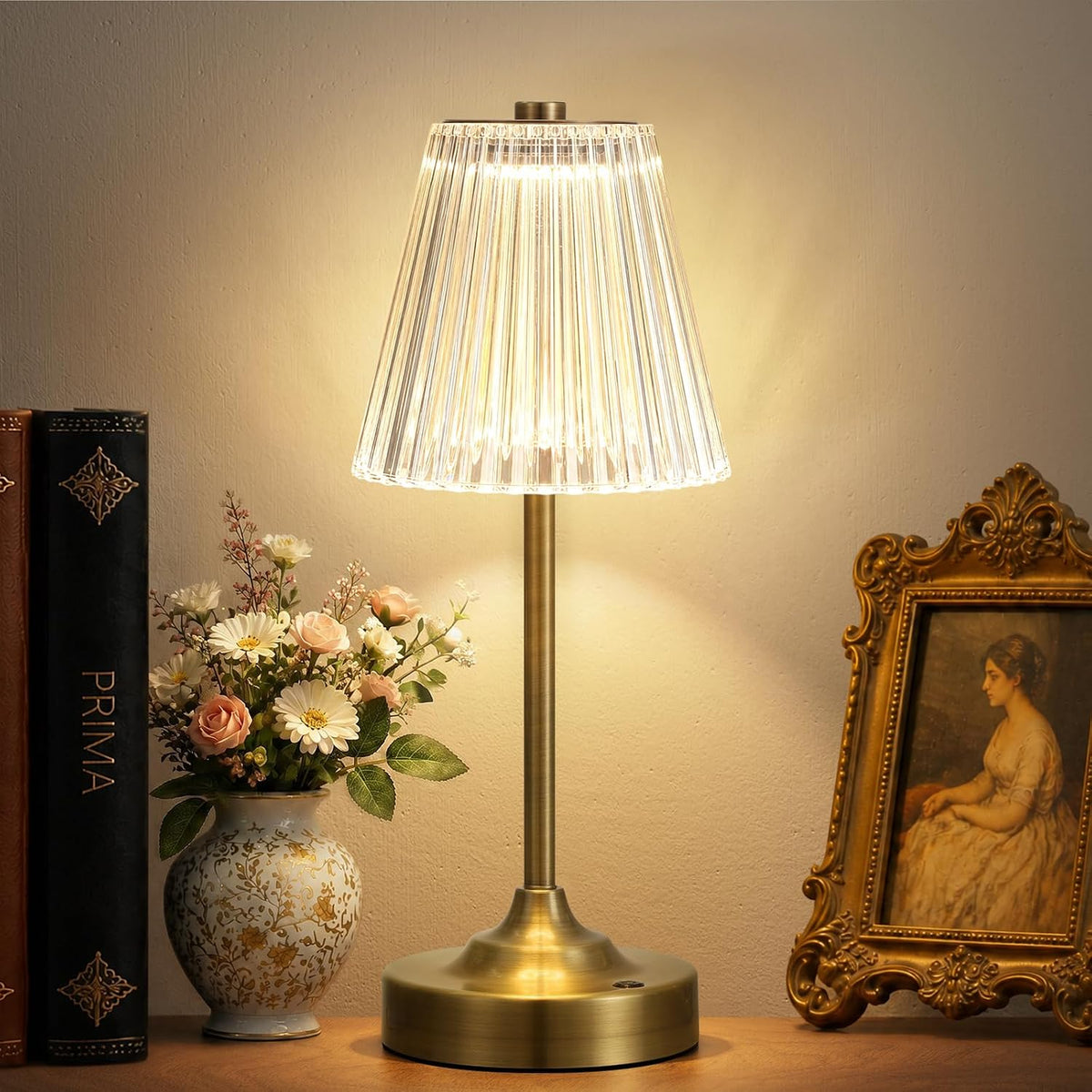 Bronze Cordless Rechargeable Table Lamp, Touch Battery Powered Lamp, 3 Color Modes, Crystal Acrylic Lampshade, Portable Ambient Night Light for Desk, Bedroom, Living Room, Dining Room, Kitchen, Bar