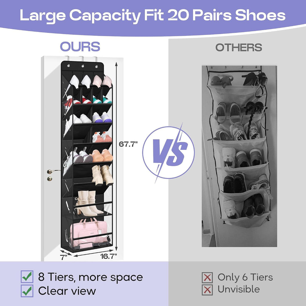 MISSLO Clear Over the Door Shoe Organizer Large Deep Pockets Hanging Shoe Rack for Closet Fit 20 Pairs Shoe Holder for Sneakers Boots Storage, Black