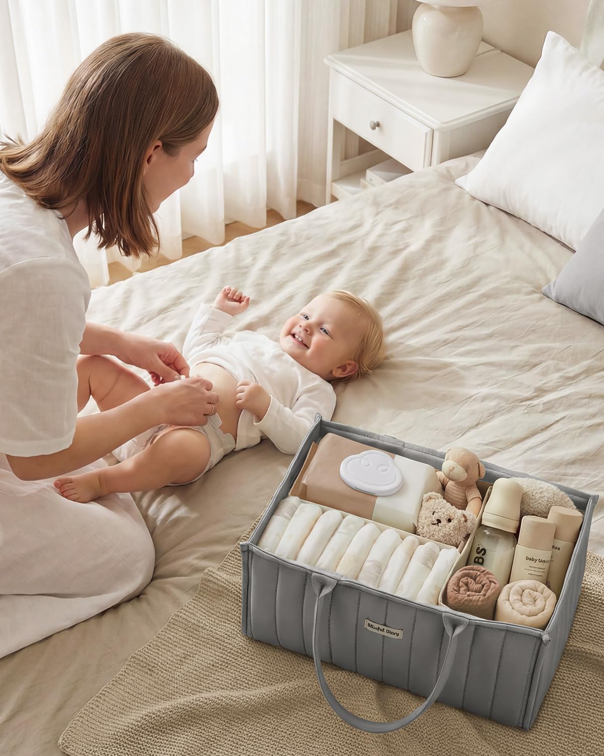 Blissful Diary Baby Diaper Caddy Organizer, Nursery Storage, Light Gray