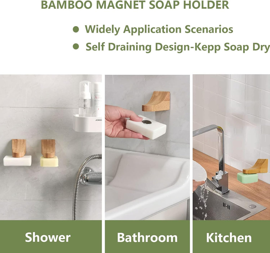 (2Sets)Bamboo Magnetic Bar Soap Holder For Shower Wall,Magnet Soap Saver For Bar Soaps Self Draining,Shower Storage for Soaps & Beard Shampoo Bars -No More Soggy Soaps,Soap Dish Dispenser Bath Kitchen