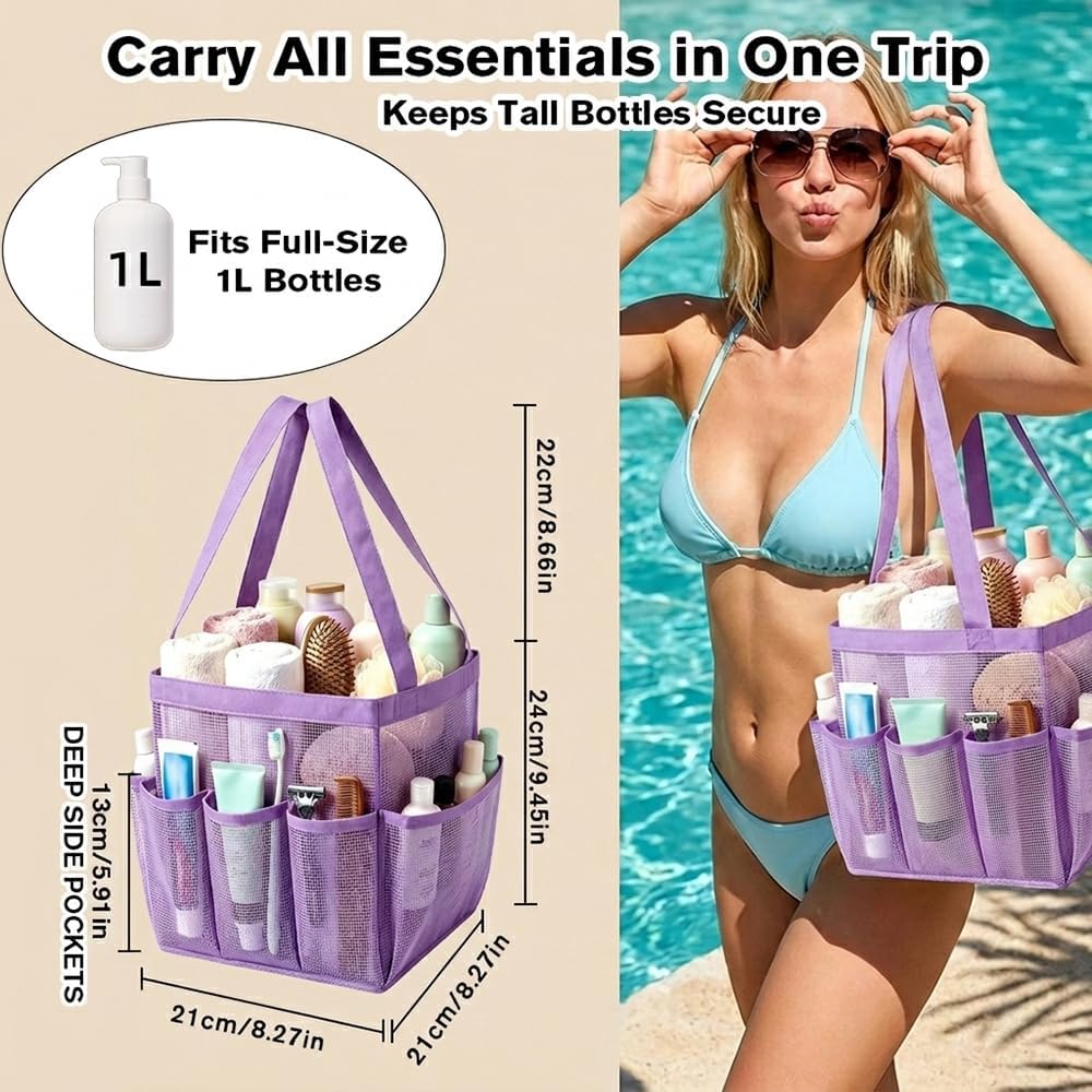 Mesh Shower Caddy Portable for College Dorm Room Essentials, Large Foldable Camp Travel Shower Bag with 9 Pockets, Quick Dry Bathroom Toiletry Tote Bag for Beach Swimming Gym Women Men (Purple)