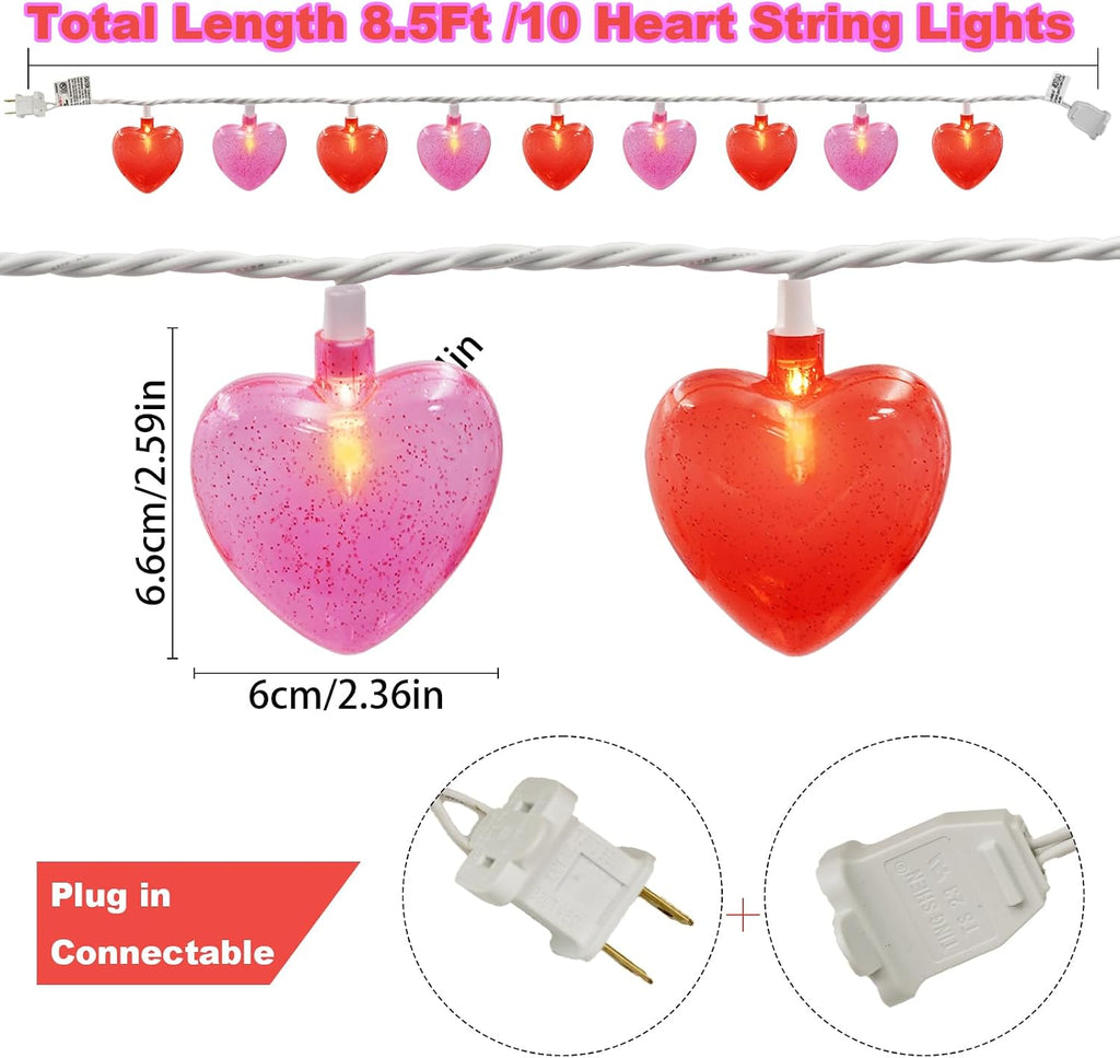 Couah 8.5Ft Red Pink Heart String Lights with 10 LED Red Pink 3D Heart Lights Plug in Valentines String Lights for Indoor Outdoor Home Xmas Tree Wedding Party Valentine's Day Decorations