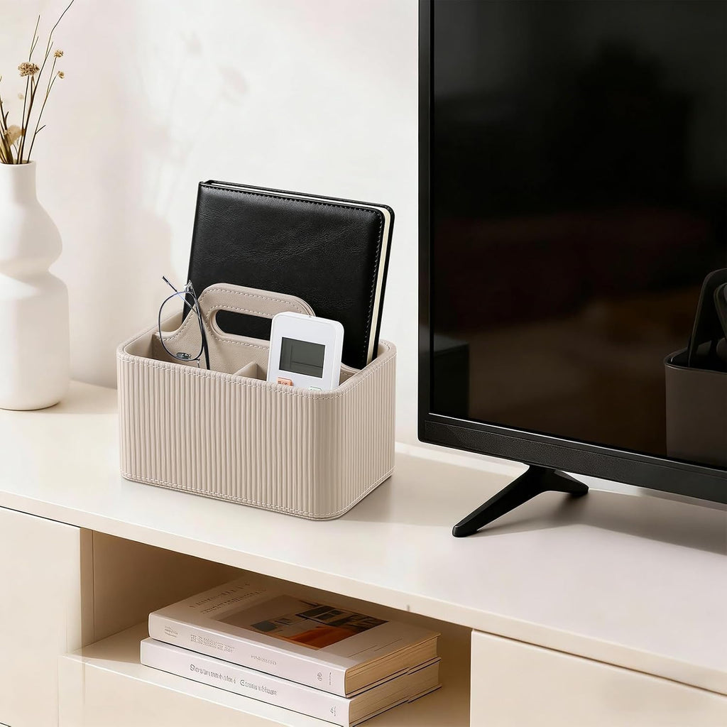 Ribbed Portable Remote Control Holder, PU Leather Desk Organizer