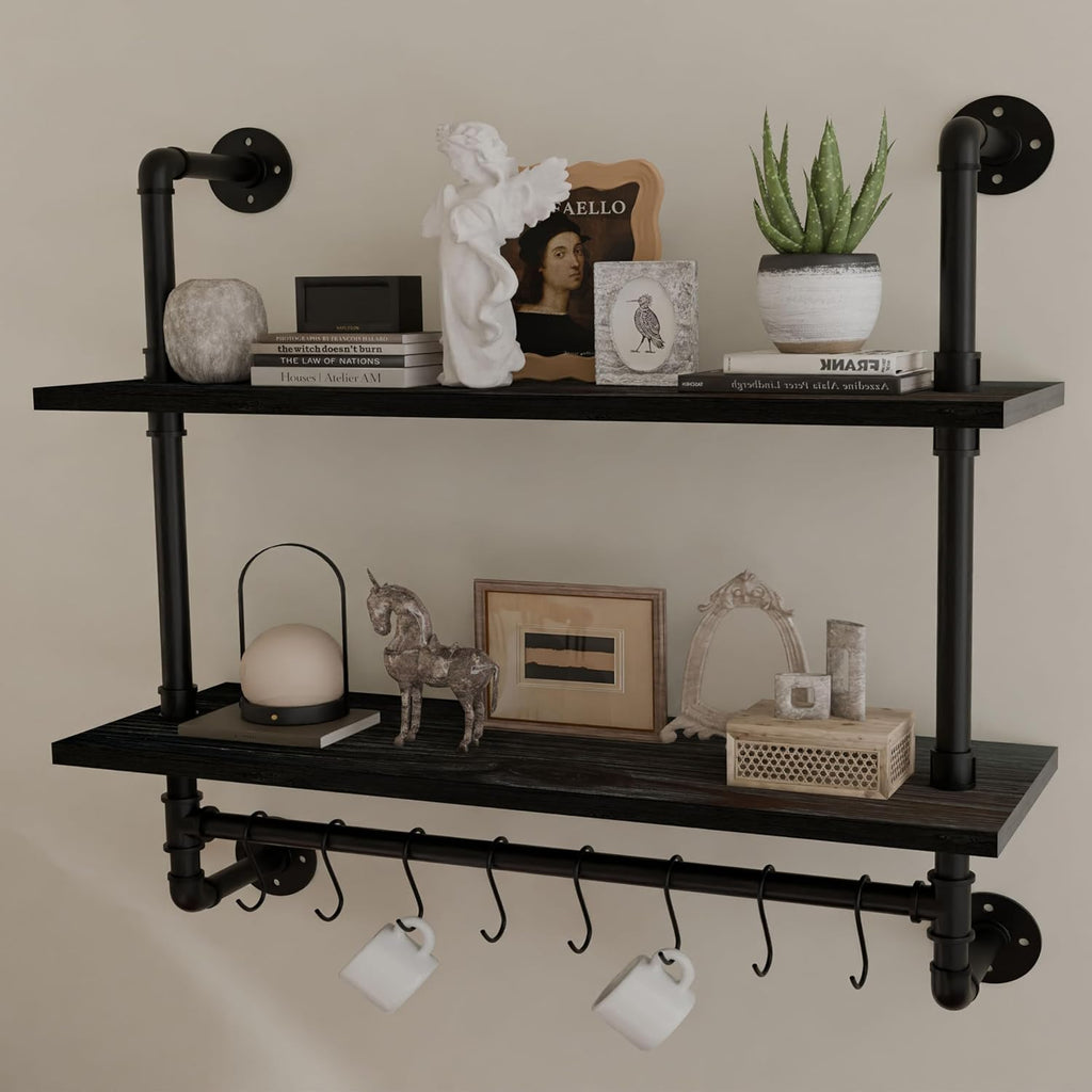ROGMARS Industrial Pipe Shelving Pine Wood Black Floating Shelves for Wall