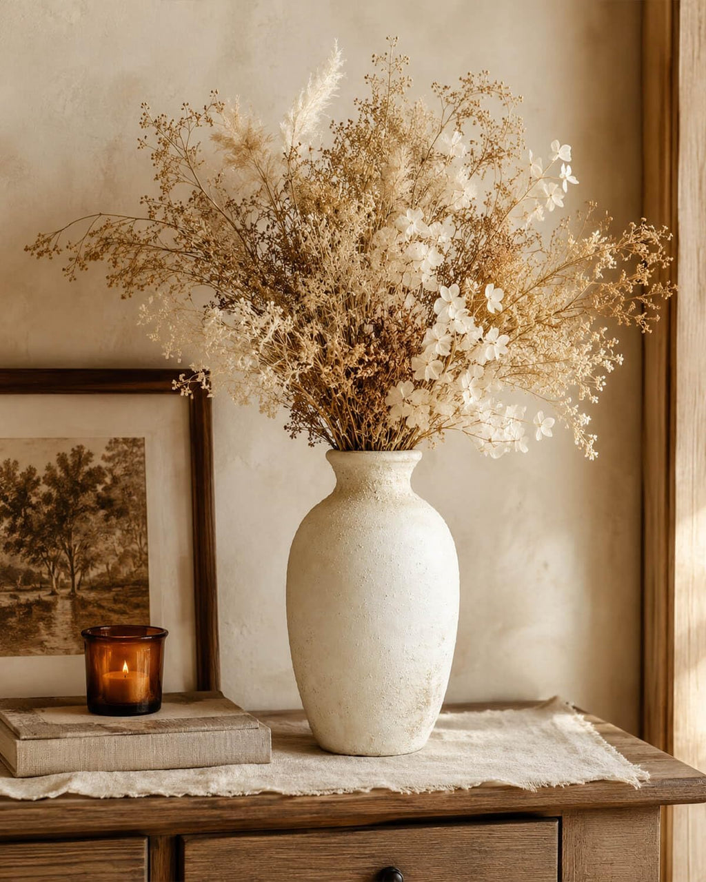 8.3 Inch Beige Ceramic Flower Vase, Rustic Farmhouse Bottle Vase