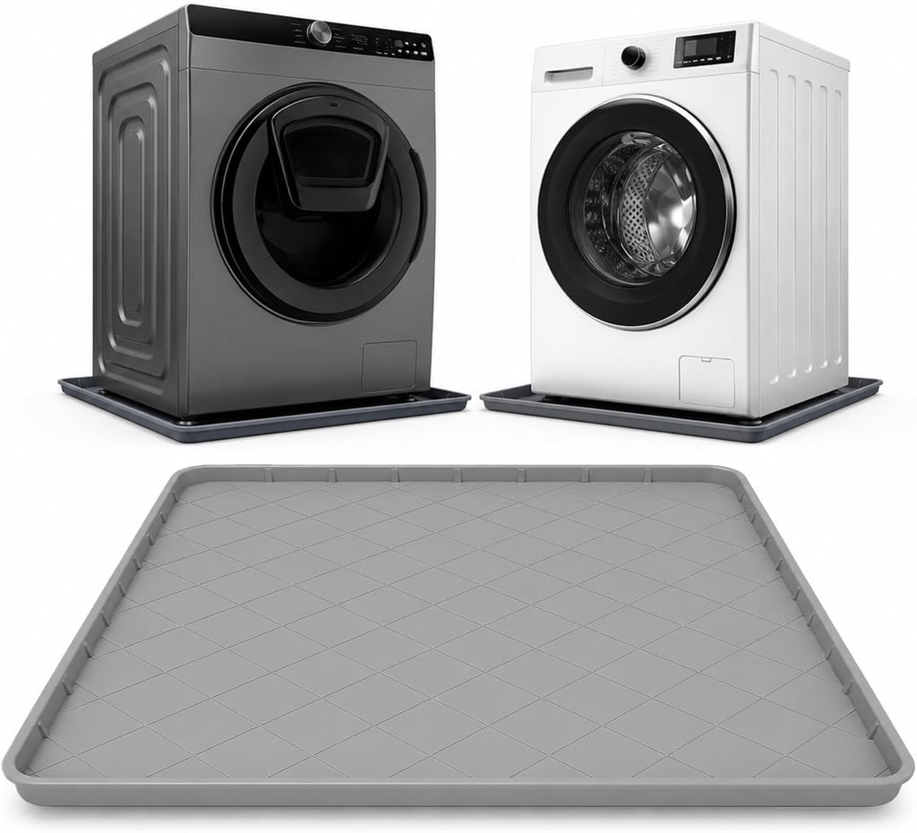 Washing Machine Drain Pan Silicone Mat, 32 x 30 Inch Washer Drip Tray with 1 Inch Raised, Non-Slip Waterproof Flexible Washer Tray for Floor Protection, Washing Machine Tray for Washer Dryer