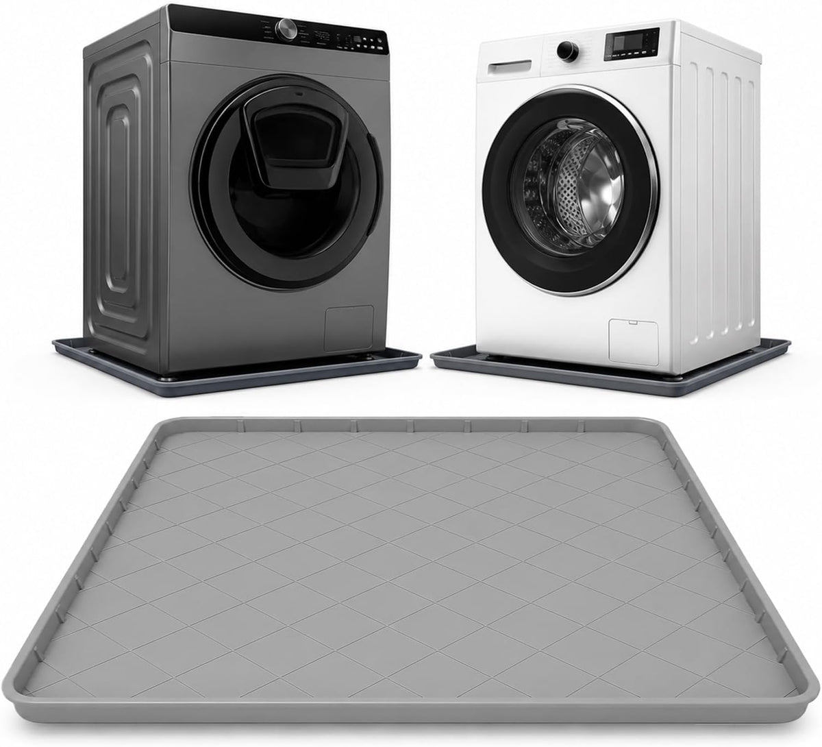 Washing Machine Drain Pan Silicone Mat, 32 x 30 Inch Washer Drip Tray with 1 Inch Raised, Non-Slip Waterproof Flexible Washer Tray for Floor Protection, Washing Machine Tray for Washer Dryer