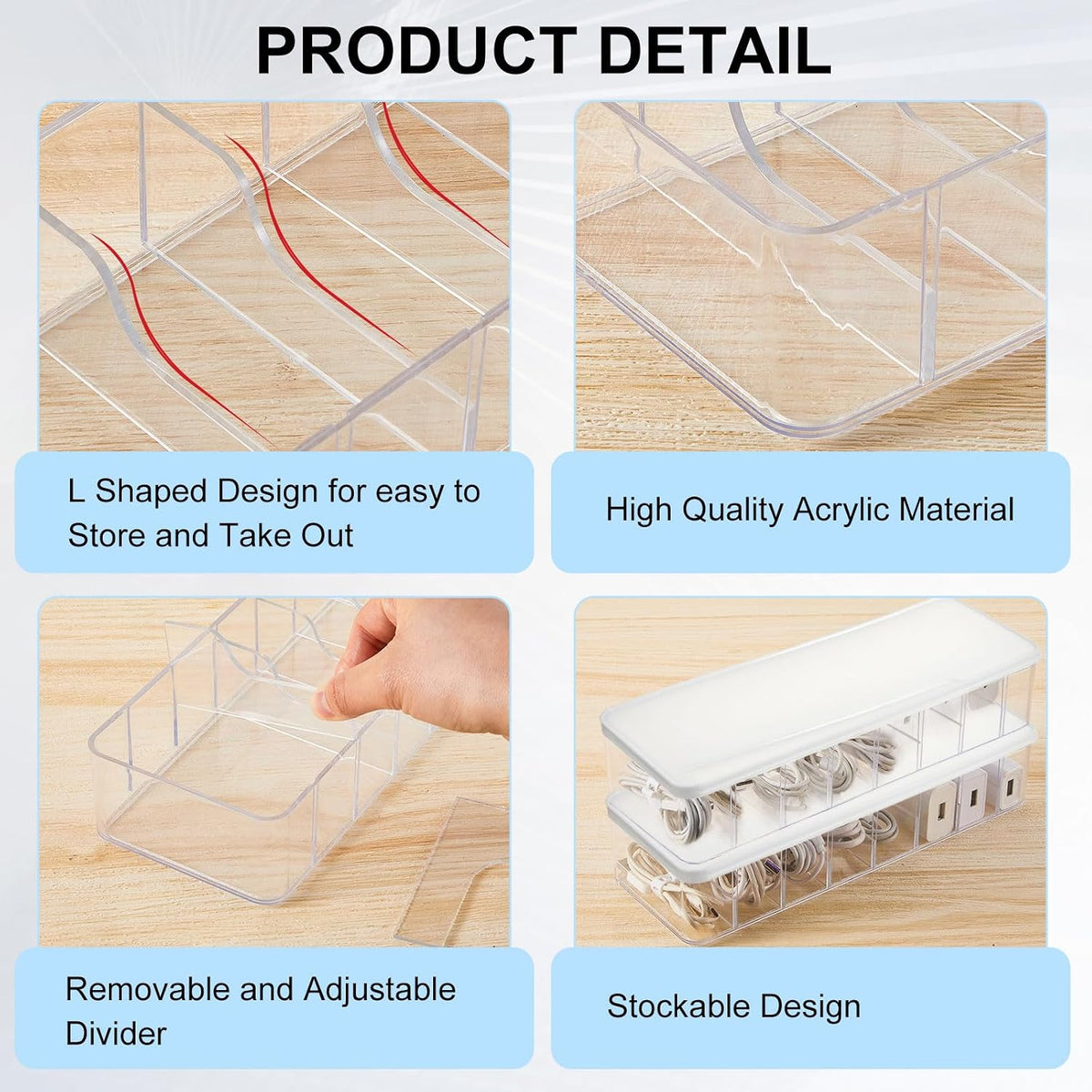 Tatuo Cord Organizer Box with Lid, Clear, White, 2 Pack