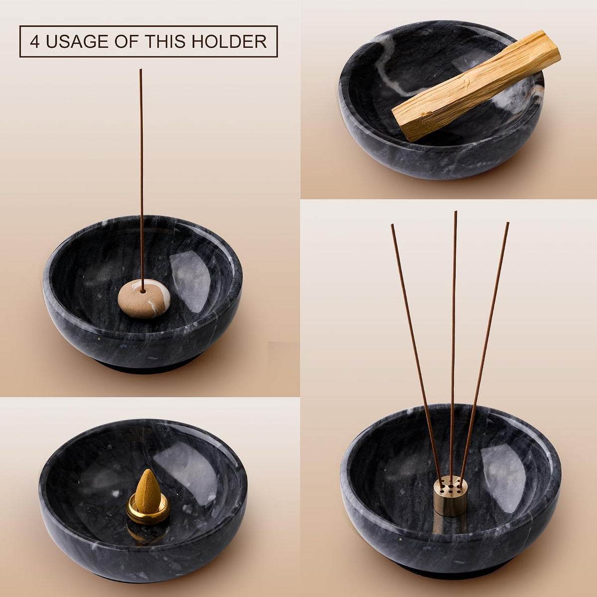Marble Incense Holder Bowl with Brass Burner – Natural Hand-Polished Stone Incense Burner for Sticks, Cones, Palo Santo & Sage – Ash Catcher for Meditation, Yoga & Home Decor