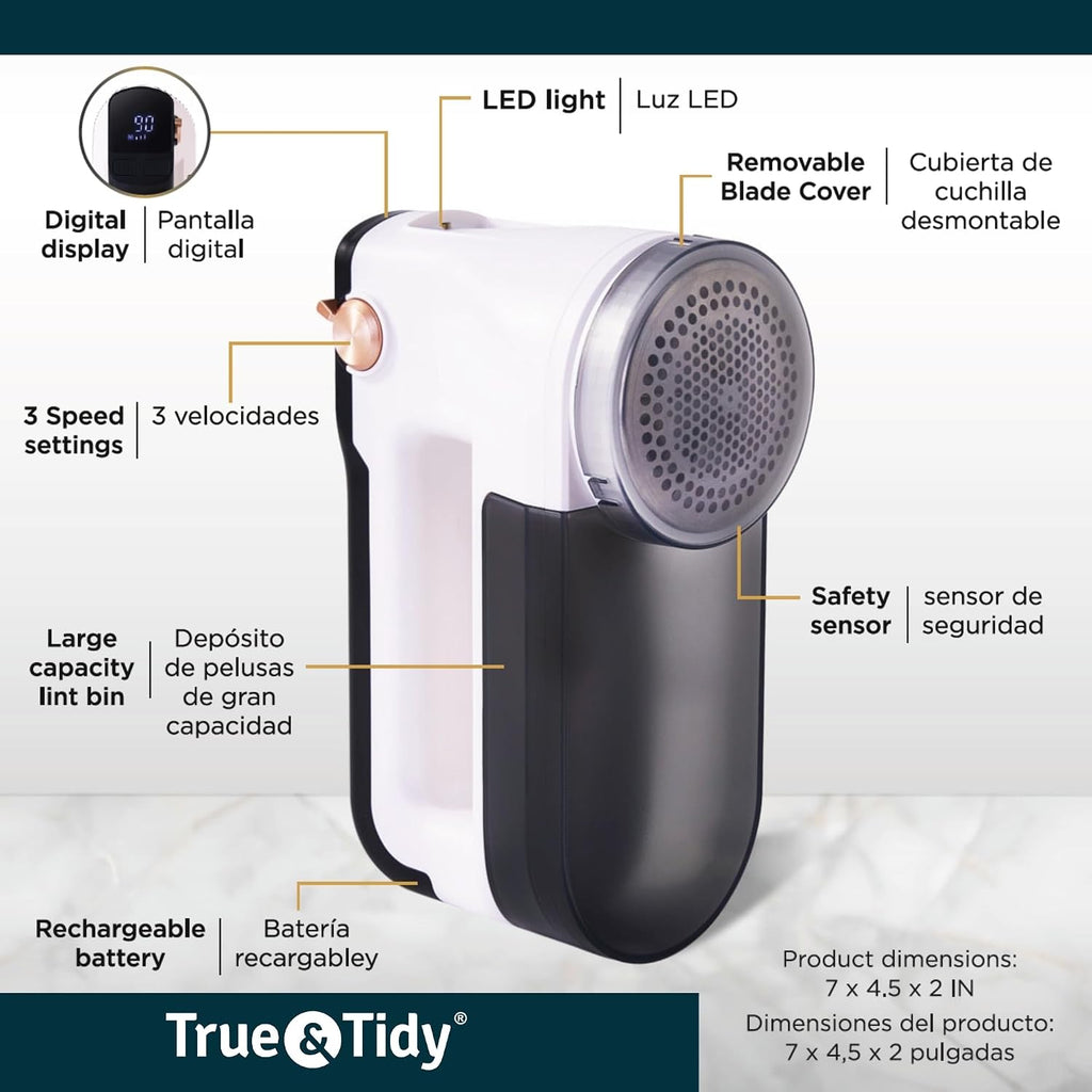 True & Tidy XL Rechargeable Fabric Shaver & Lint Remover w/Built-in Light, Sweater Defuzzer with 3 Speeds, Replaceable 6 Leaf Steel Blades, XL Lint Bin, Mini Brush for Cleaning, up to 3+ Hours of Use