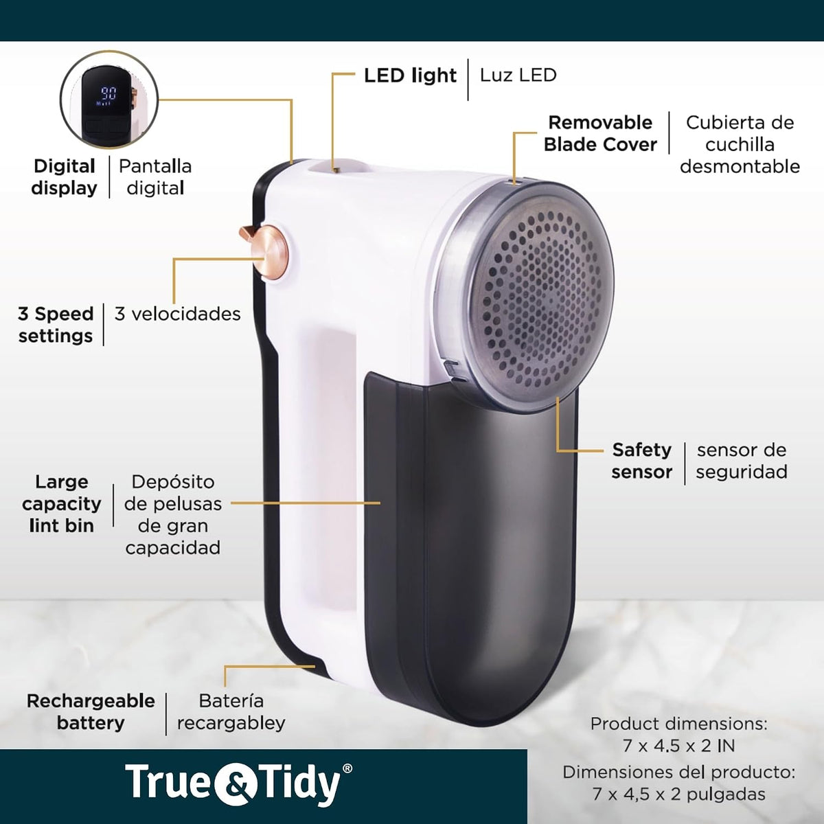 True & Tidy XL Rechargeable Fabric Shaver & Lint Remover w/Built-in Light, Sweater Defuzzer with 3 Speeds, Replaceable 6 Leaf Steel Blades, XL Lint Bin, Mini Brush for Cleaning, up to 3+ Hours of Use