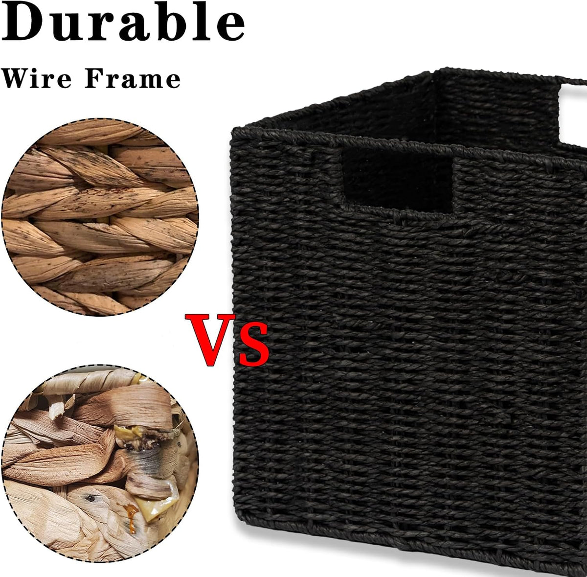 Vagusicc Wicker Storage Basket, Set of 2 Hand-Woven Wicker Basket, Foldable Cube Storage Bin, Black Storage Basket, Square Storage Baskets for Organizing Shelves & Decor, Black (11″×11″×11″)