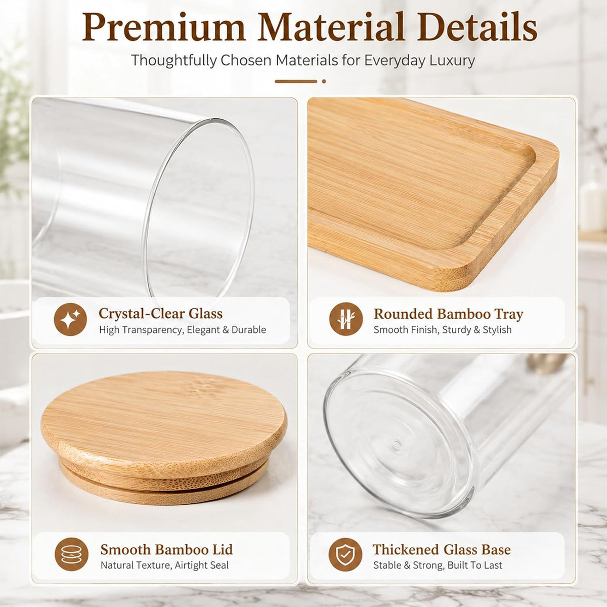 Glass Qtip Holder with Vanity Tray, Bathroom Tray Organizer Glass Qtip Holder, Cotton Round-Holder Glass-Apothecary Jars with Lids for Cotton Ball Round Swab Pad Hair Ties Floss Perfume Jewelry